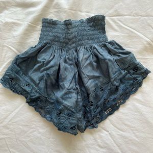Blue washed tie dye float shorts eyelit lace trim ruched waist one size fits all
